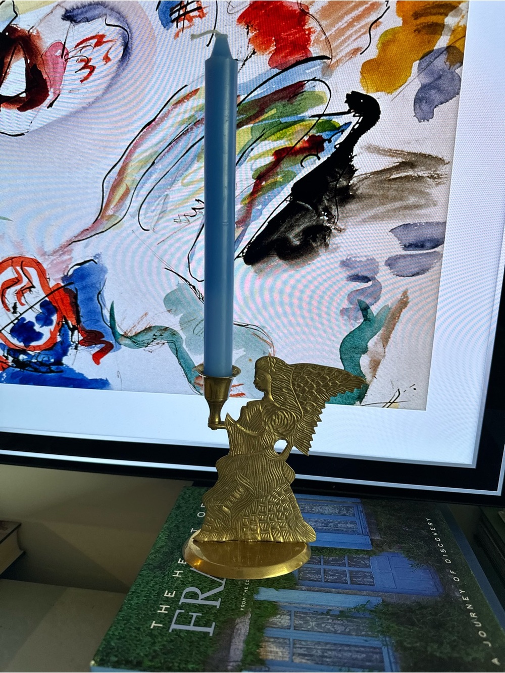 Brass Gold Angel Candlestick Holder excludes Blue Taper Candle - Home Art